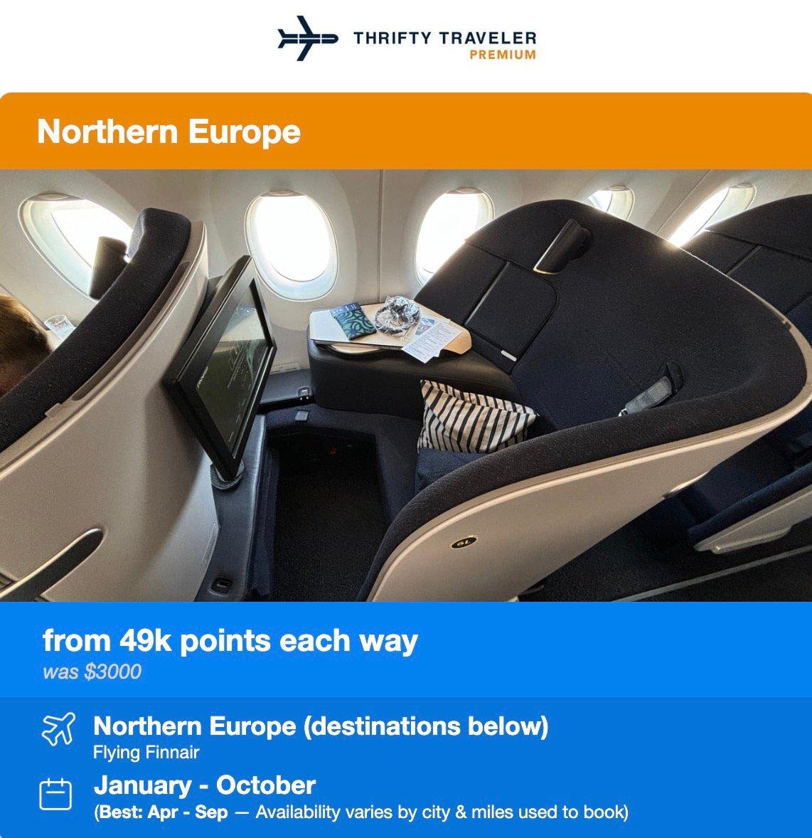Thrifty Traveler Premium flight deal to Northern Europe from 49,000 points each way from January to October. 